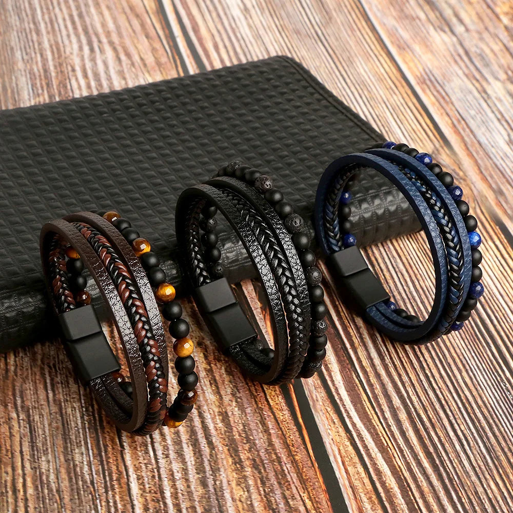 Tiger Eye Beads 4-Layer Leather Bracelets Classic Hand Braided Leather Alloy Magnetic Buckle Bracelet Men Punk Bracelet Jewelry