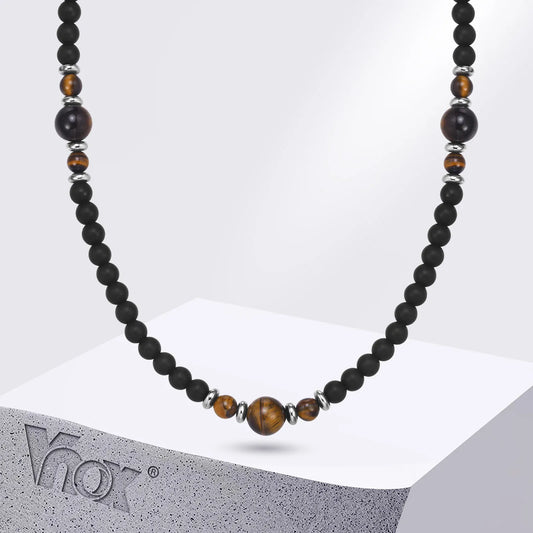 Vnox Classic Simple Black Beads Chain Necklaces for Men Women, Adjustable Beaded Collar, Matte Surface Stones Link Chain Choker