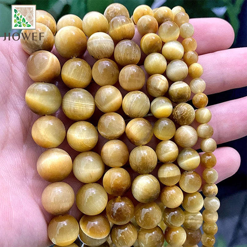 Natural Stone Smooth Gold Tiger Eye Stone Round Beads DIY Handmade Charms Bracelet for Jewelry Making 15" Chains  6 8 10 12MM