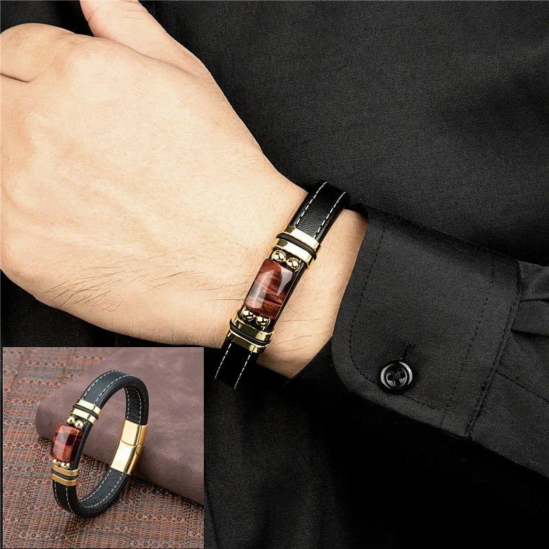 New Vintage Wind Large Semicircle Natural Tiger Eye Stainless Steel Casual Collocation Black Wide Leather Rope Men's Bracelet