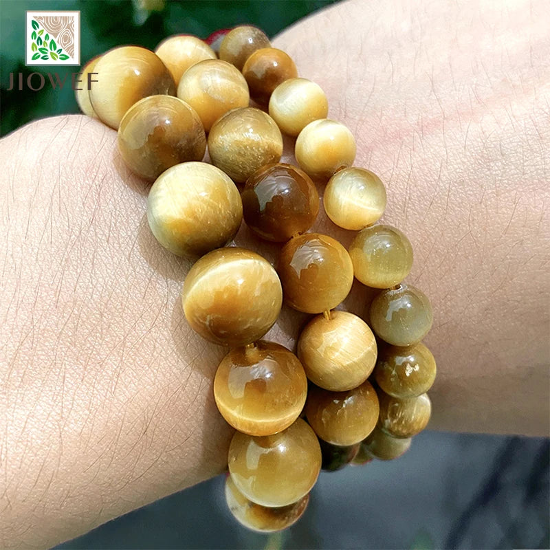 Natural Stone Smooth Gold Tiger Eye Stone Round Beads DIY Handmade Charms Bracelet for Jewelry Making 15" Chains  6 8 10 12MM